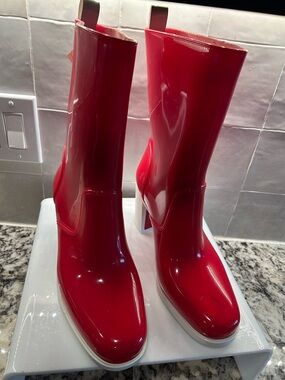 Christian Louboutin Glossy Red Mid-Calf Rain Boots